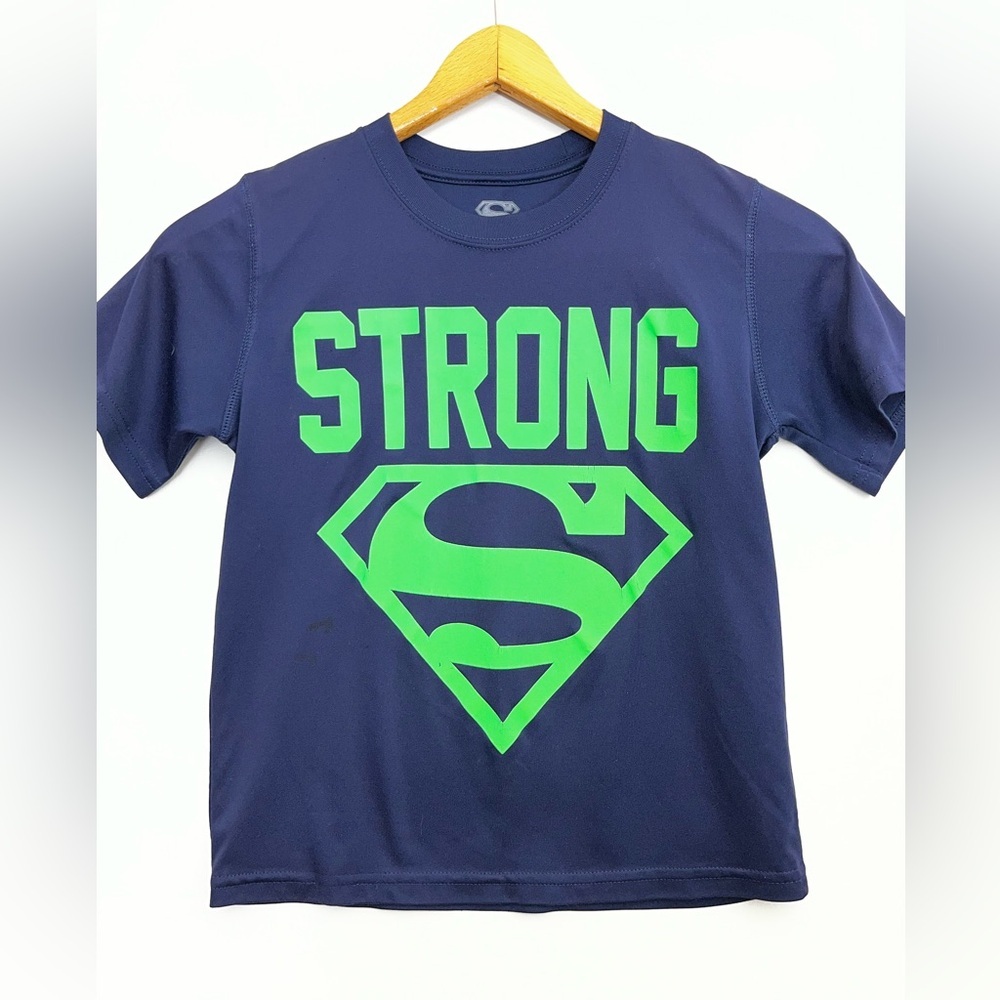 Superman Strong Logo Shirt Boys Small Blue Graphic Tee DC Comics Neon Green EUC